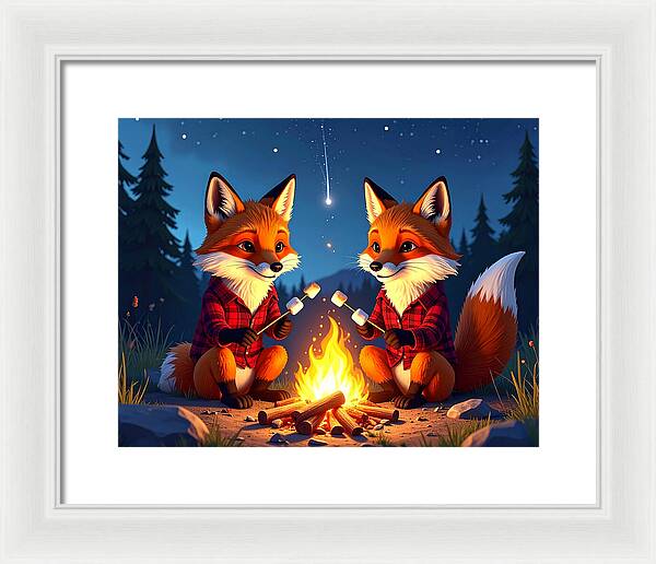 Foxes Toasting Marshmallows Under the Stars - Framed Print