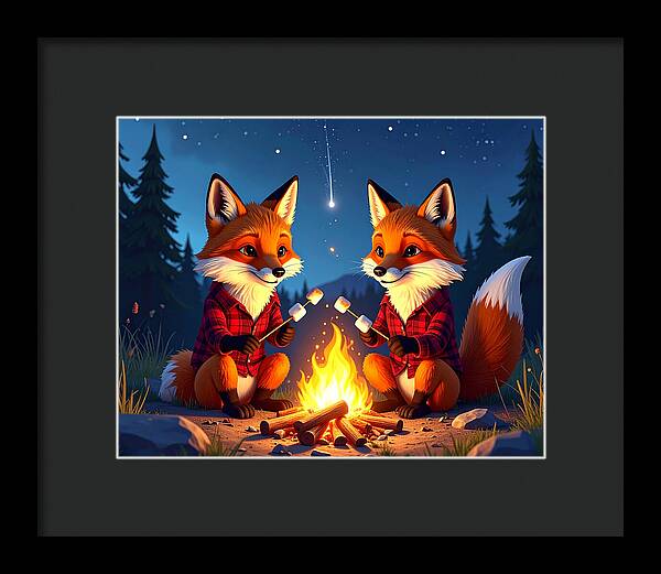 Foxes Toasting Marshmallows Under the Stars - Framed Print
