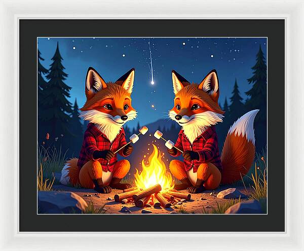 Foxes Toasting Marshmallows Under the Stars - Framed Print