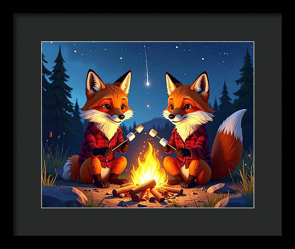 Foxes Toasting Marshmallows Under the Stars - Framed Print
