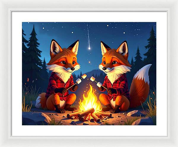 Foxes Toasting Marshmallows Under the Stars - Framed Print