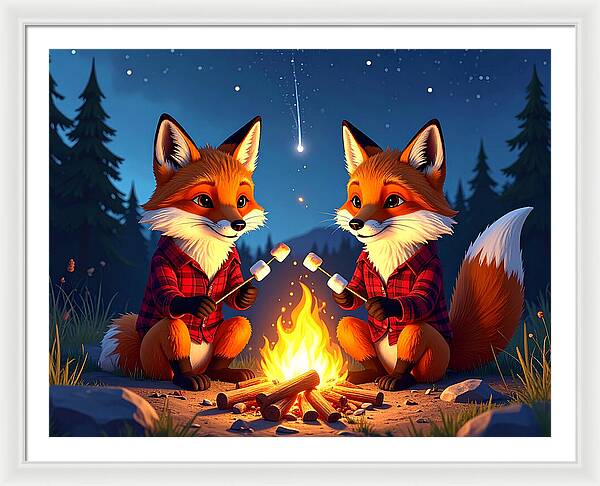 Foxes Toasting Marshmallows Under the Stars - Framed Print