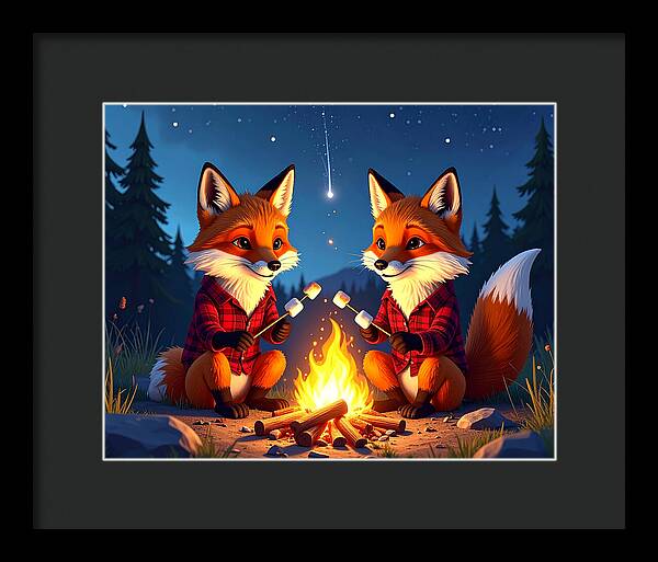 Foxes Toasting Marshmallows Under the Stars - Framed Print