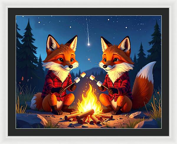 Foxes Toasting Marshmallows Under the Stars - Framed Print