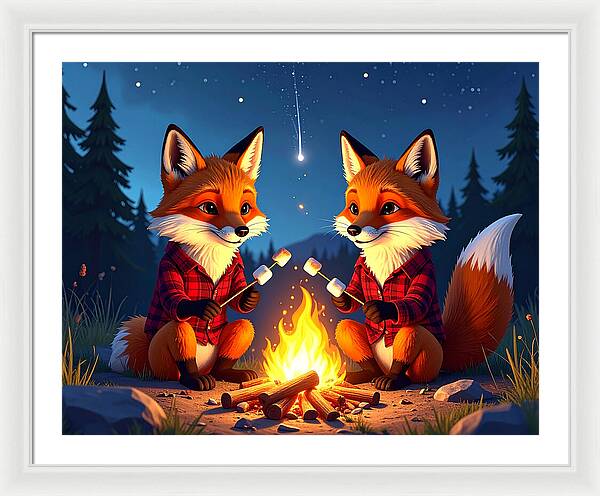 Foxes Toasting Marshmallows Under the Stars - Framed Print
