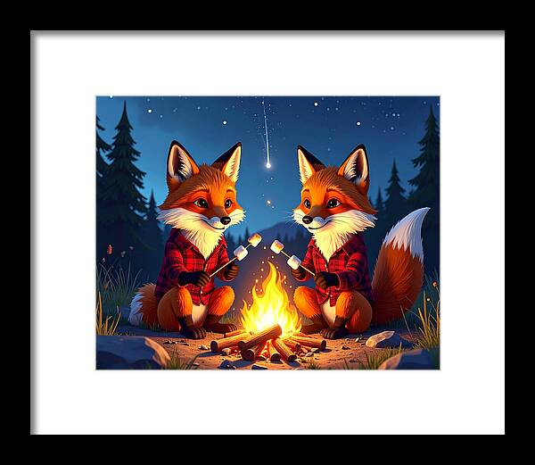 Foxes Toasting Marshmallows Under the Stars - Framed Print