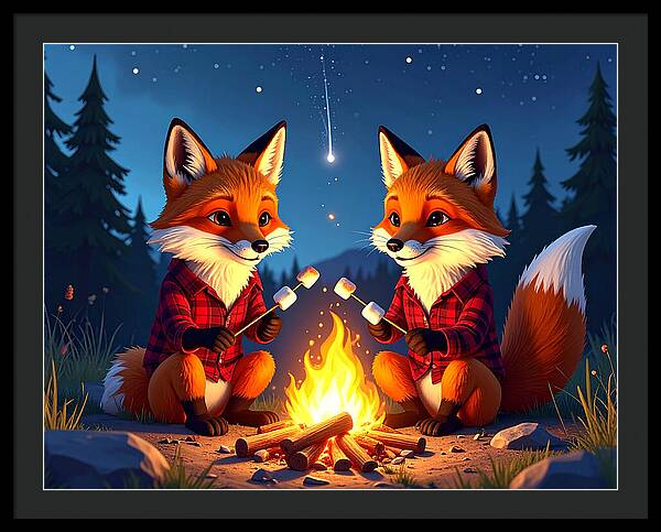 Foxes Toasting Marshmallows Under the Stars - Framed Print