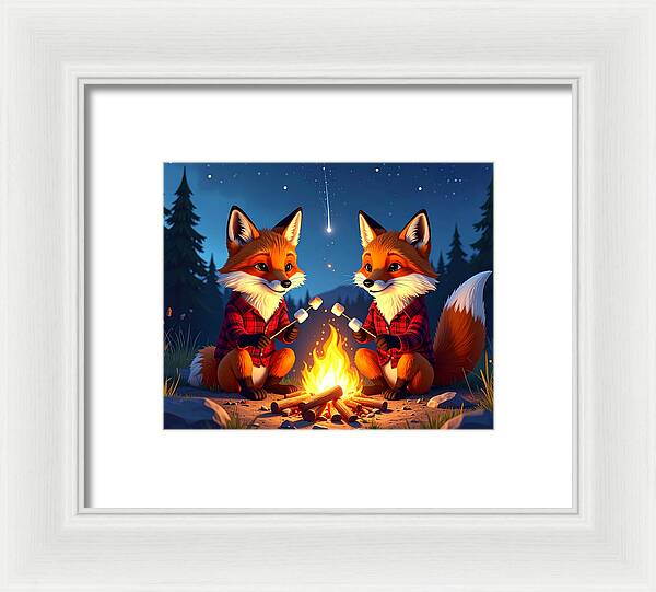 Foxes Toasting Marshmallows Under the Stars - Framed Print