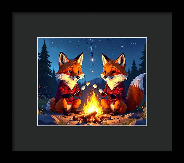 Foxes Toasting Marshmallows Under the Stars - Framed Print
