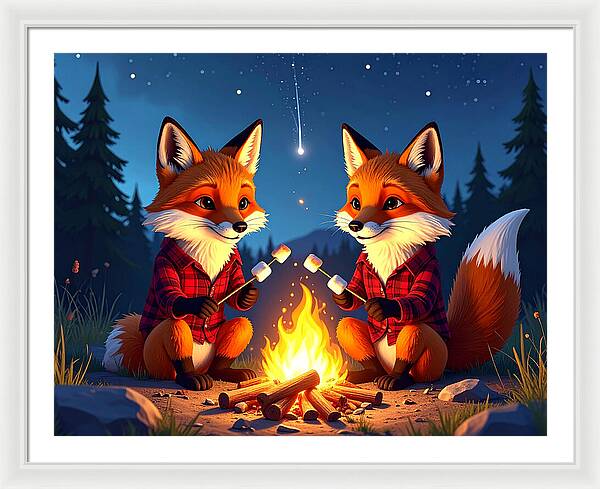 Foxes Toasting Marshmallows Under the Stars - Framed Print