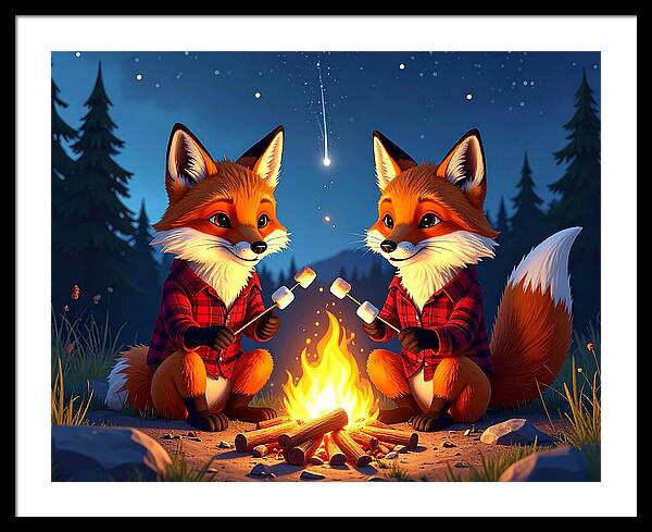 Foxes Toasting Marshmallows Under the Stars - Framed Print