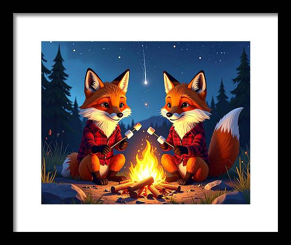 Foxes Toasting Marshmallows Under the Stars - Framed Print