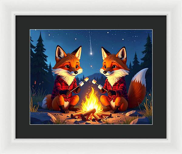 Foxes Toasting Marshmallows Under the Stars - Framed Print