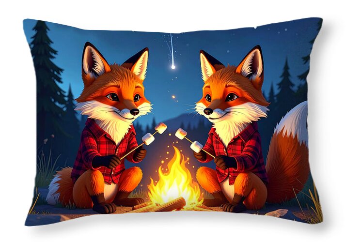 Foxes Toasting Marshmallows Under the Stars - Throw Pillow