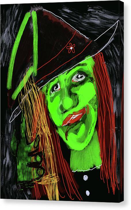 Green Witch with a Broom - Canvas Print