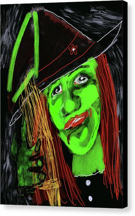 Green Witch with a Broom - Canvas Print