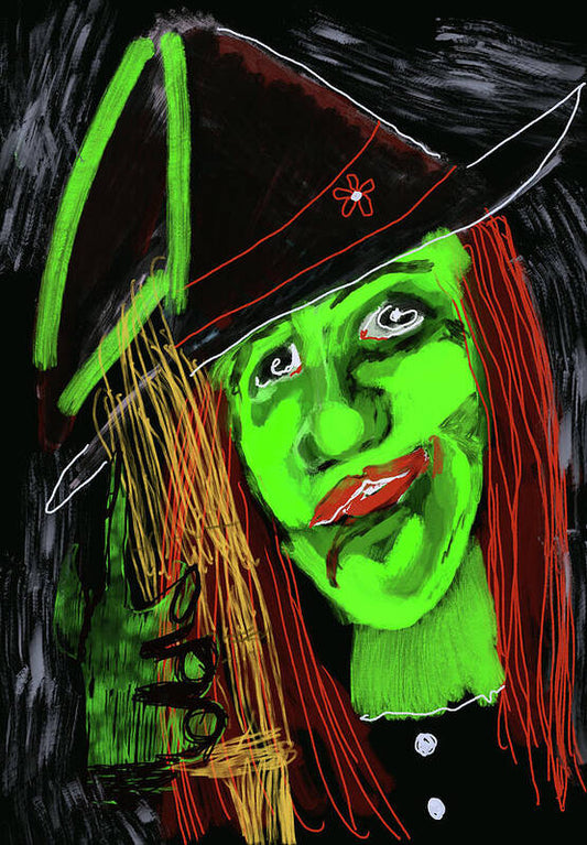 Green Witch with a Broom - Art Print