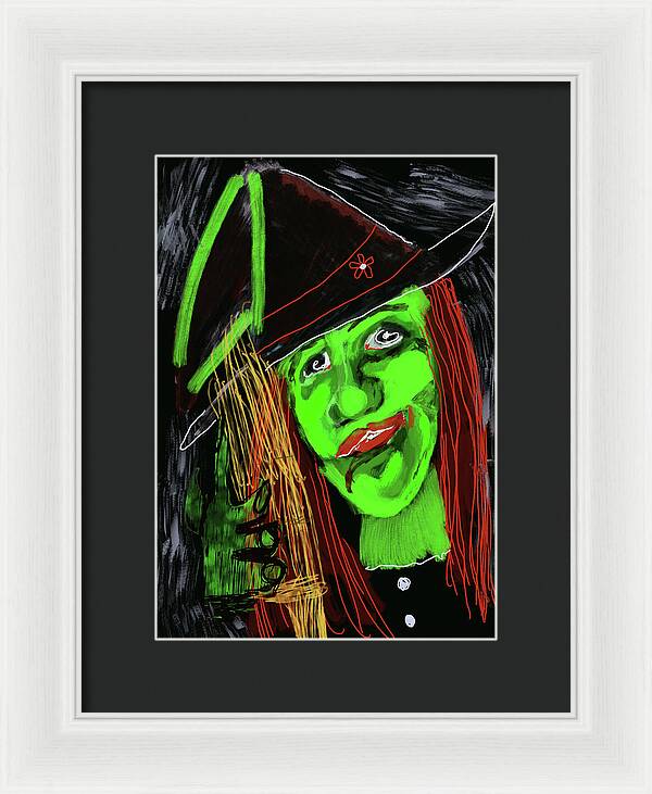 Green Witch with a Broom - Framed Print