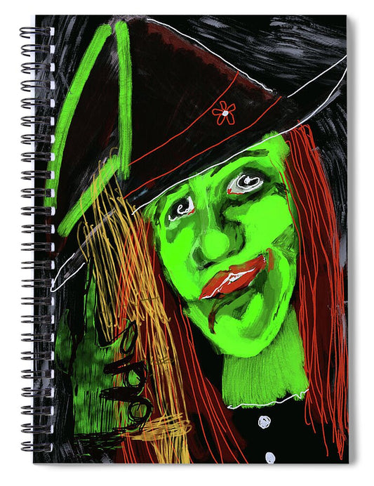 Green Witch with a Broom - Spiral Notebook