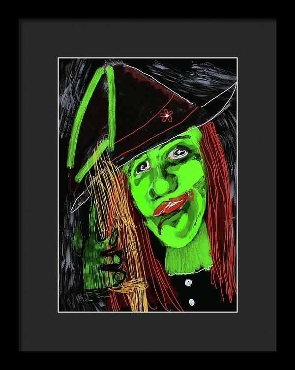 Green Witch with a Broom - Framed Print