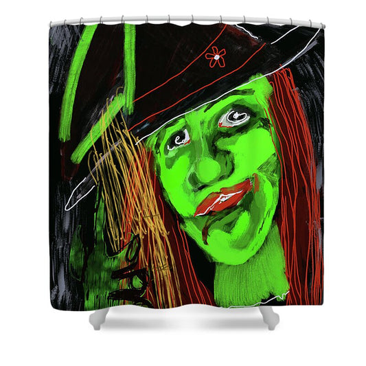 Green Witch with a Broom - Shower Curtain
