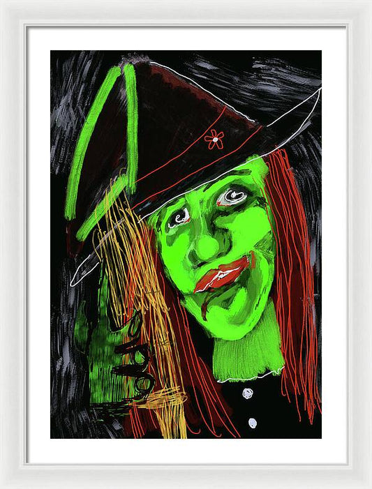 Green Witch with a Broom - Framed Print