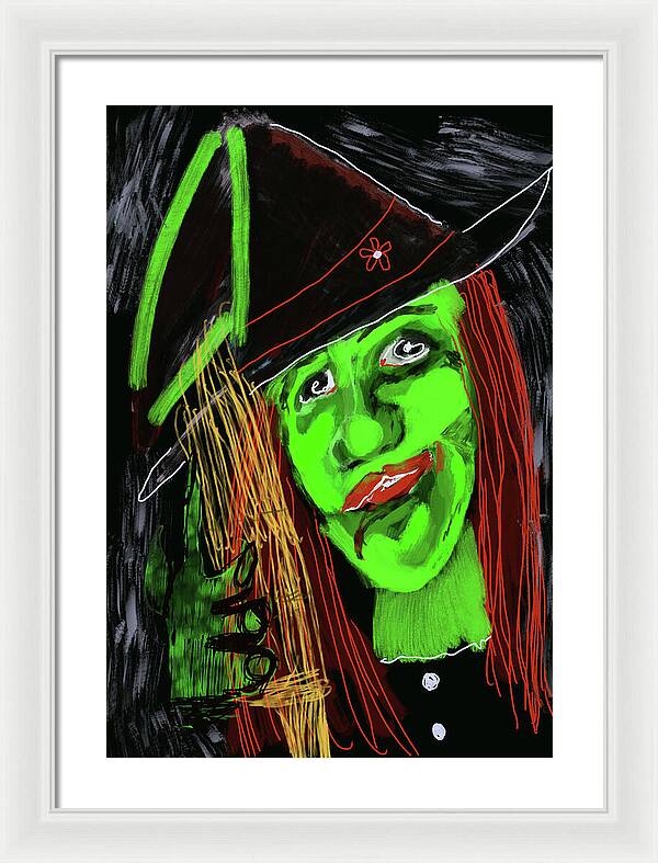 Green Witch with a Broom - Framed Print