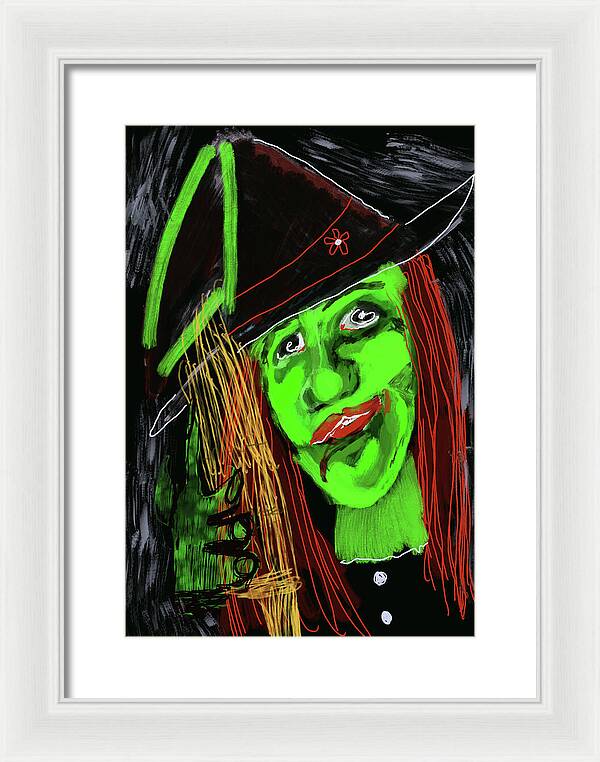 Green Witch with a Broom - Framed Print