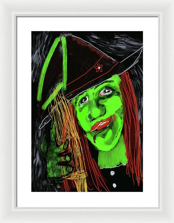 Green Witch with a Broom - Framed Print