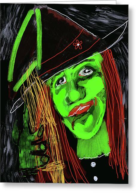 Green Witch with a Broom - Greeting Card
