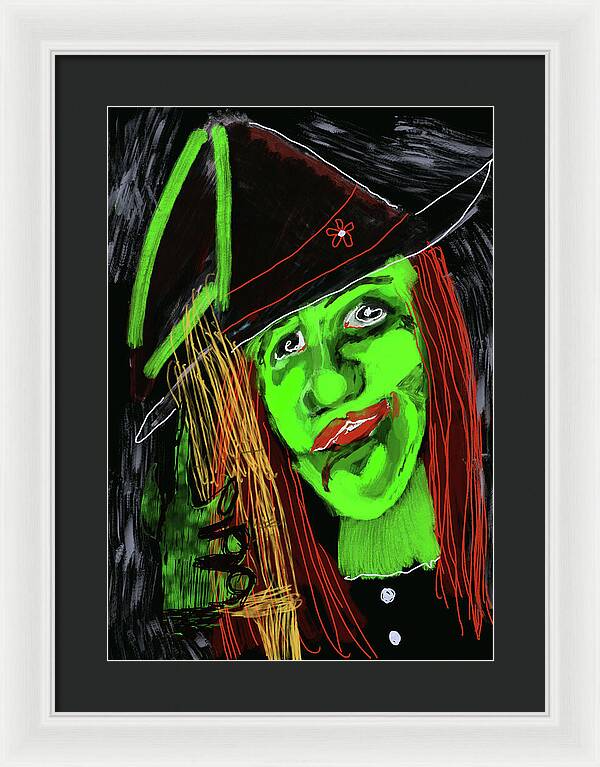 Green Witch with a Broom - Framed Print