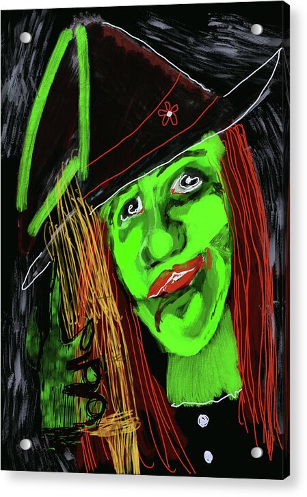 Green Witch with a Broom - Acrylic Print