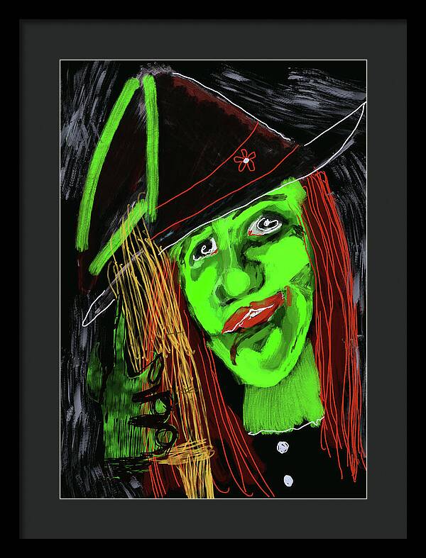 Green Witch with a Broom - Framed Print