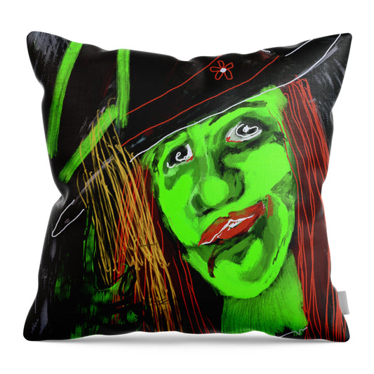 Green Witch with a Broom - Throw Pillow