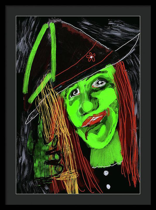 Green Witch with a Broom - Framed Print