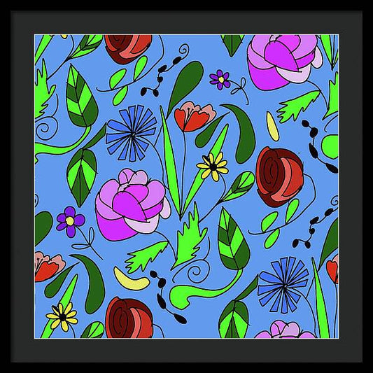 Mixed Floral on Blue - Framed Print