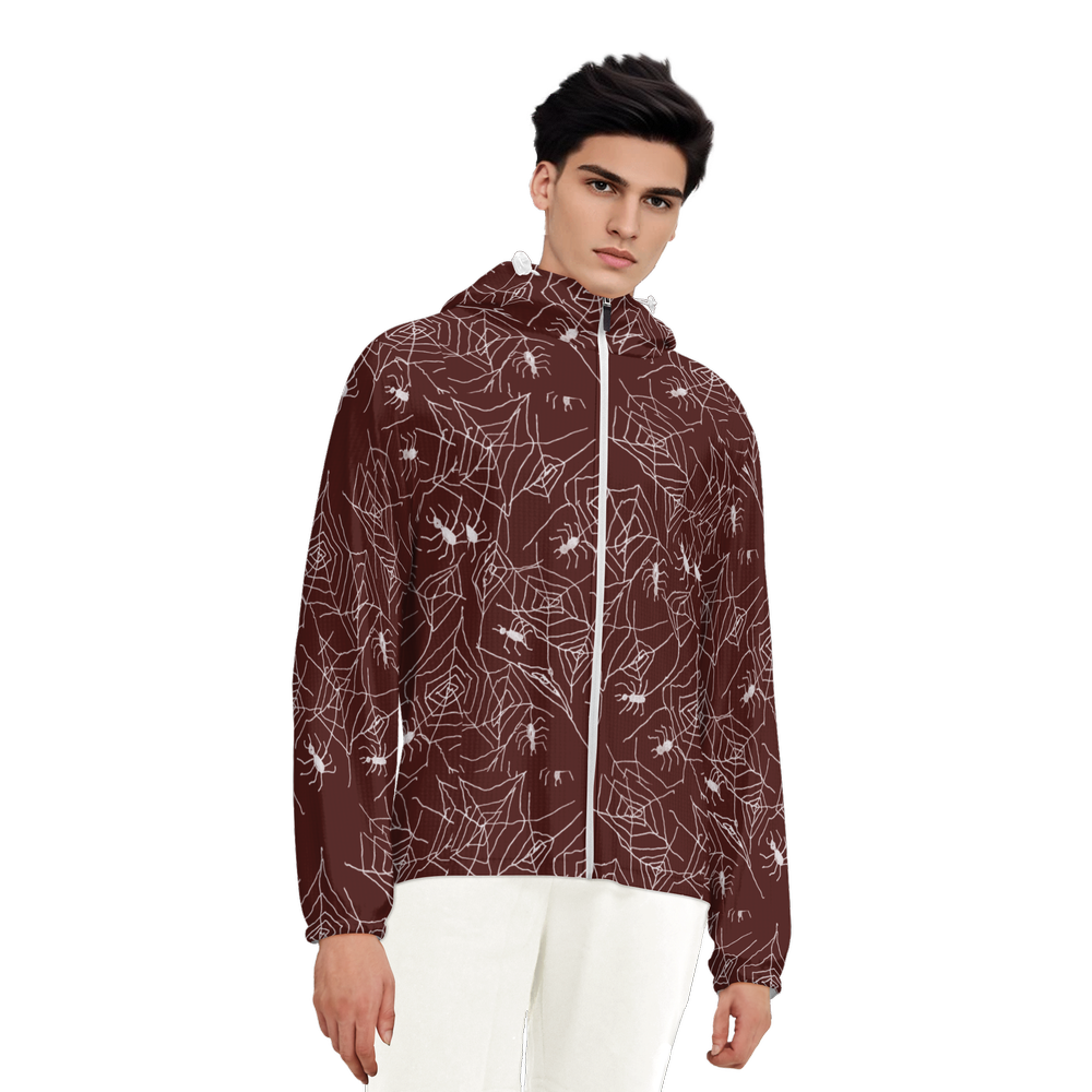 Spiderwebs On Red Unisex Lightweight Hooded Windbreaker- Water Resistant