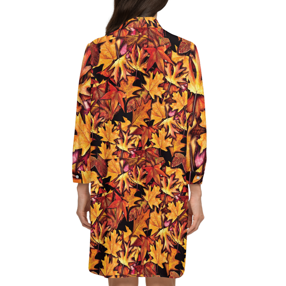 Fall Leaves Pattern Women's High-Low Long-Sleeve Hem Shirt Silky-like Elegance