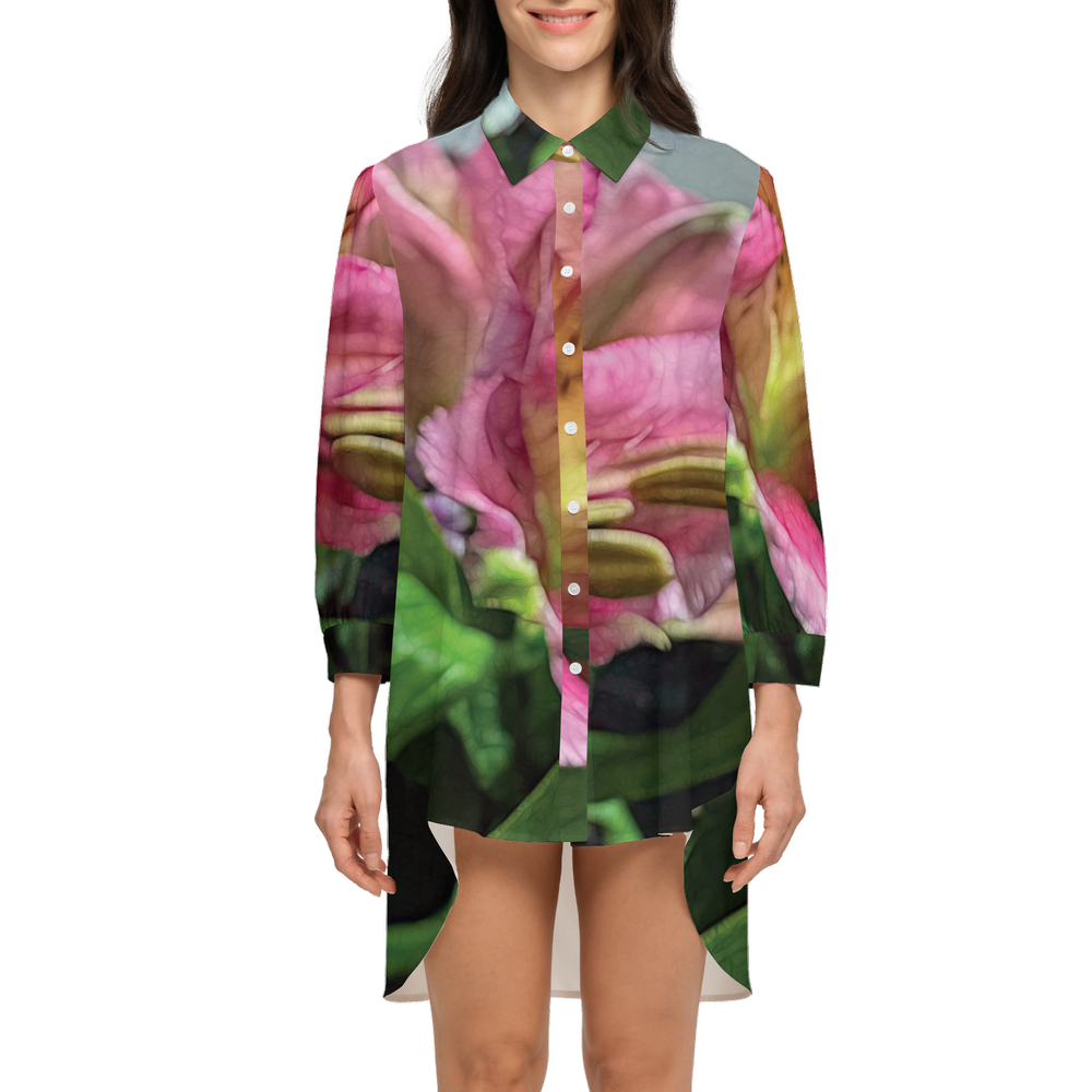 October Flowers 3 Women's High-Low Long-Sleeve Hem Shirt Silky-like Elegance