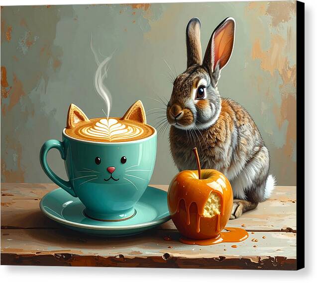 Rabbit with Cat Cup and Caramel Apple - Canvas Print