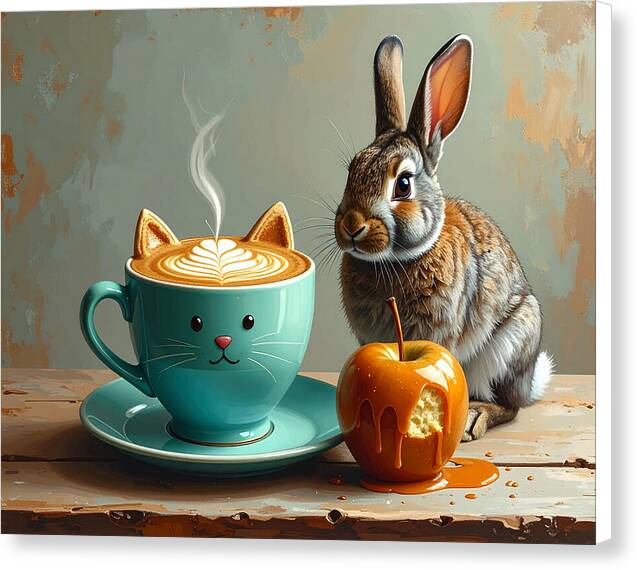 Rabbit with Cat Cup and Caramel Apple - Canvas Print