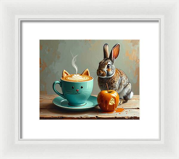 Rabbit with Cat Cup and Caramel Apple - Framed Print