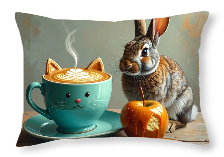 Rabbit with Cat Cup and Caramel Apple - Throw Pillow