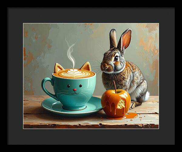 Rabbit with Cat Cup and Caramel Apple - Framed Print