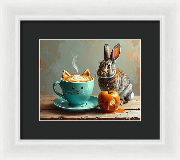 Rabbit with Cat Cup and Caramel Apple - Framed Print