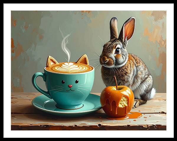 Rabbit with Cat Cup and Caramel Apple - Framed Print