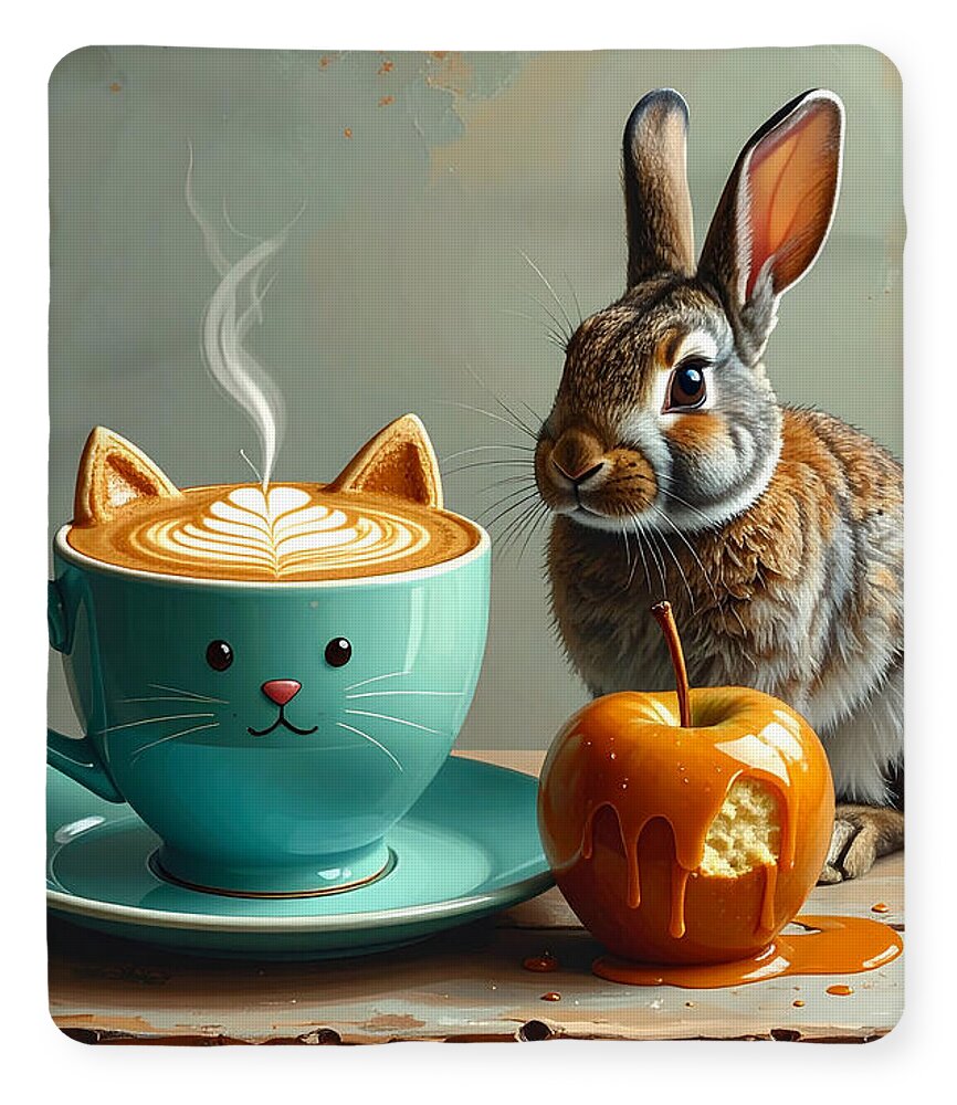 Rabbit with Cat Cup and Caramel Apple - Blanket