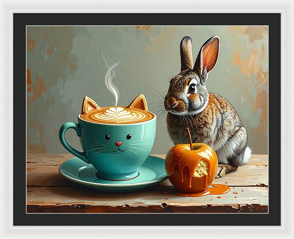 Rabbit with Cat Cup and Caramel Apple - Framed Print