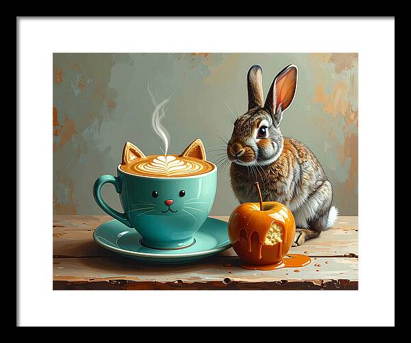 Rabbit with Cat Cup and Caramel Apple - Framed Print