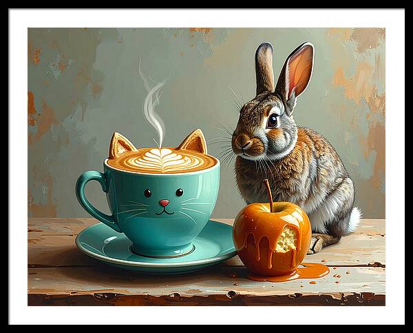 Rabbit with Cat Cup and Caramel Apple - Framed Print